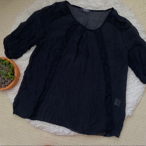 giulia Tops - Giulia 100% Silk Italian Navy Blue Lace Blouse Top